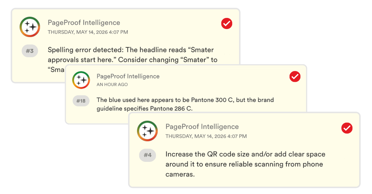 Three overlapping PageProof Intelligence notification cards with the logo and red check marks, showing spelling, Pantone color guidance, and QR code sizing tips.