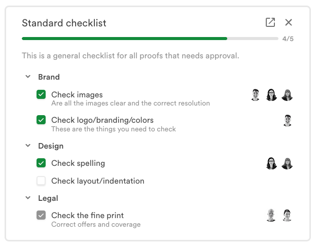 Communal checklist in-app. 4 out of 5 items on the checklist are marked off. 3 users marked off the first checklist option, 1 user marked off the 2nd, 2 users marked off the 3rd, no users marked off the 4th, 2 users marked off the 5th.
