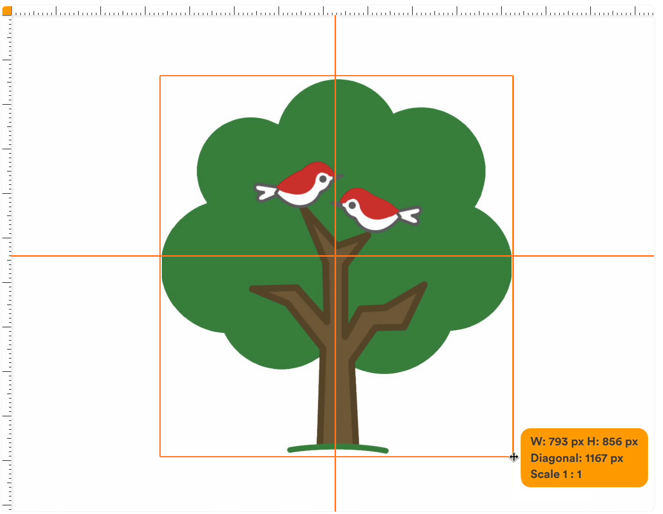 Image of a green tree with two red birds in the branches and orange gridlines and a ruler tool tooltip showing measurements of the tree
