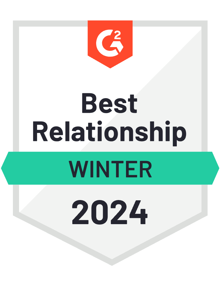 Best Relationship Winter 2024 G2 badge in Teal