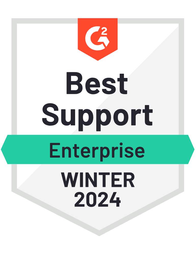 G2 best enterprise support winter 2023 badge in teal