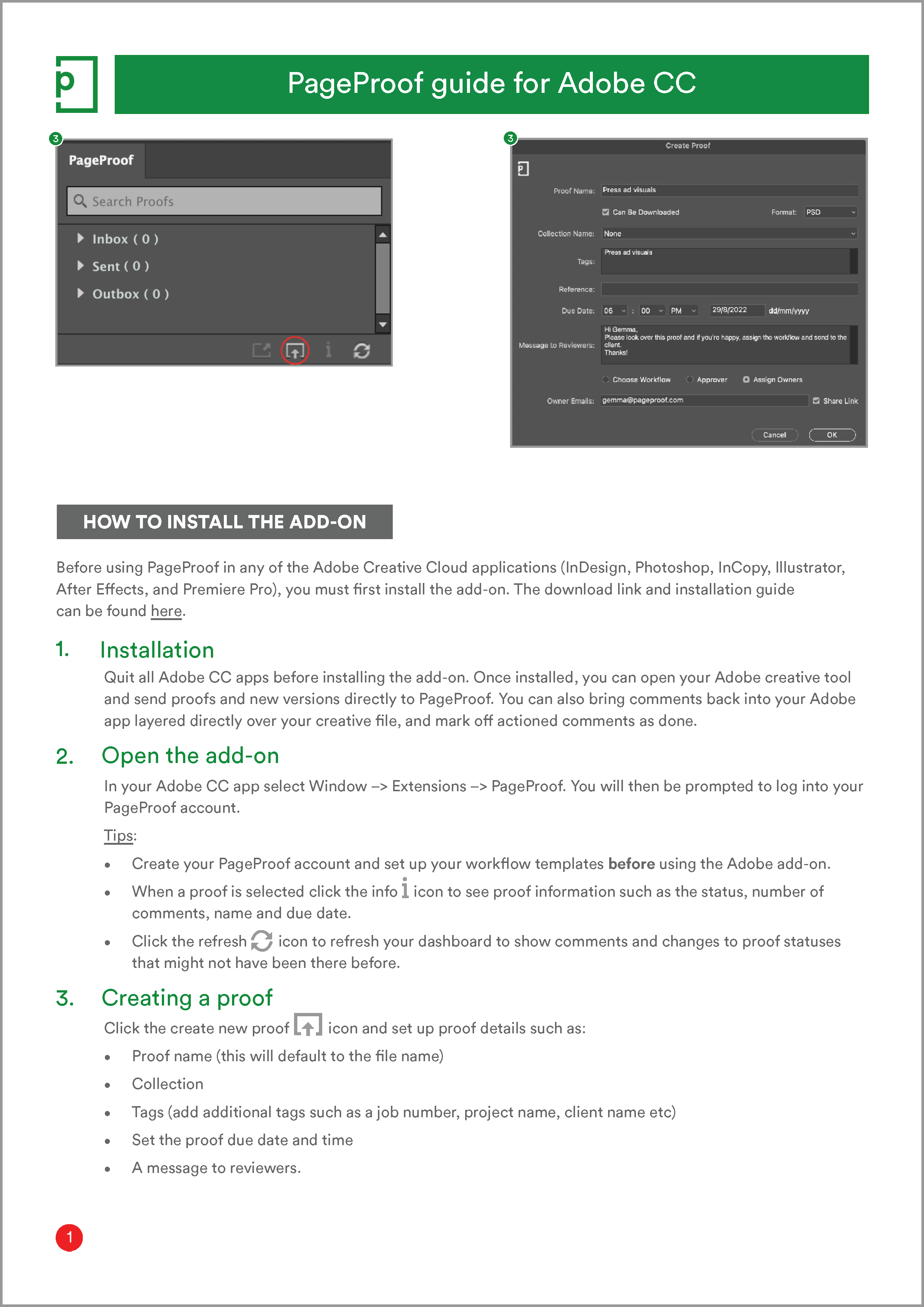 Cover page of the PageProof quick guide for Adobe CC users