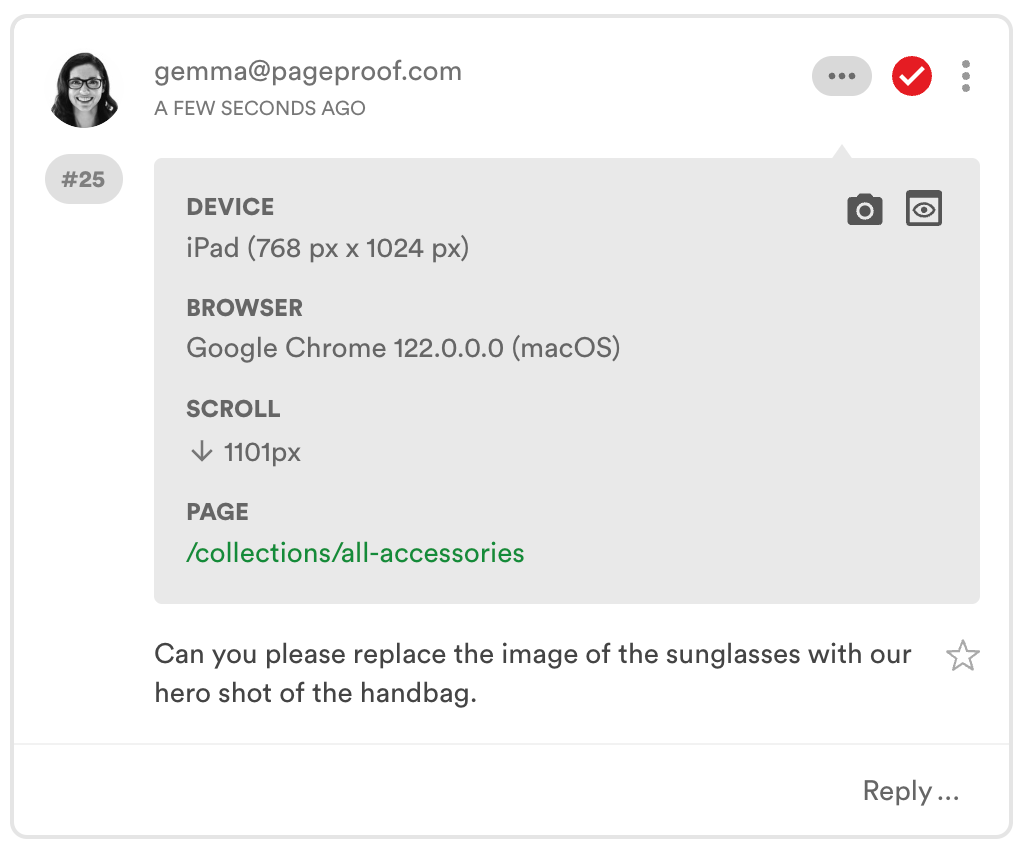 image of website markup tool displaying the device specifications for a reviewer