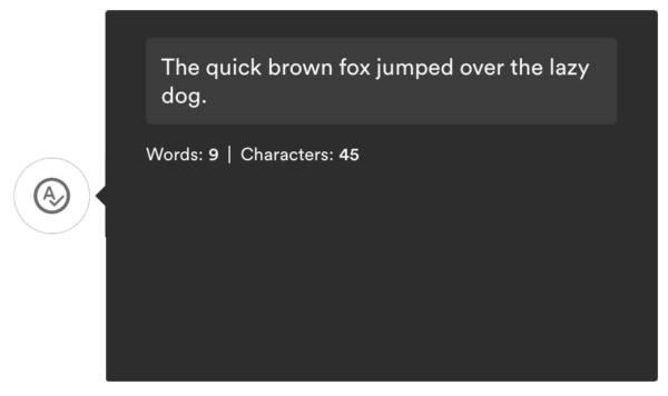 Word counter X-Tool showing the word and character count of 'The quick brown fox jumped over the lazy dog.'