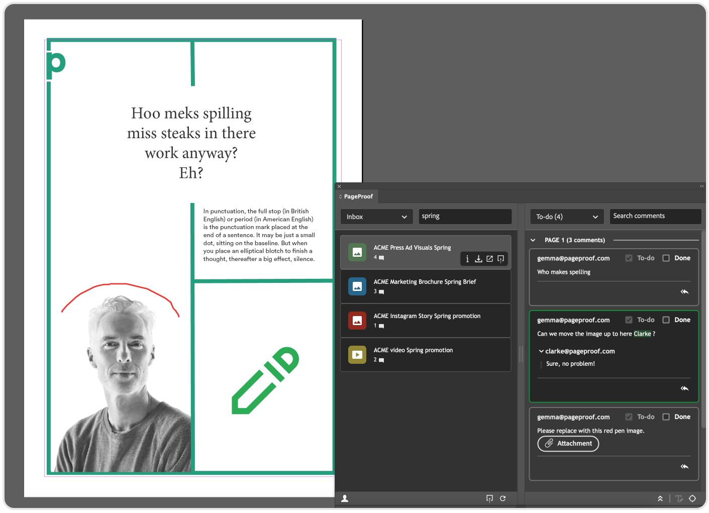 PageProof plugin for Adobe InDesign showing a selected comment and its markup displayed on the artwork.