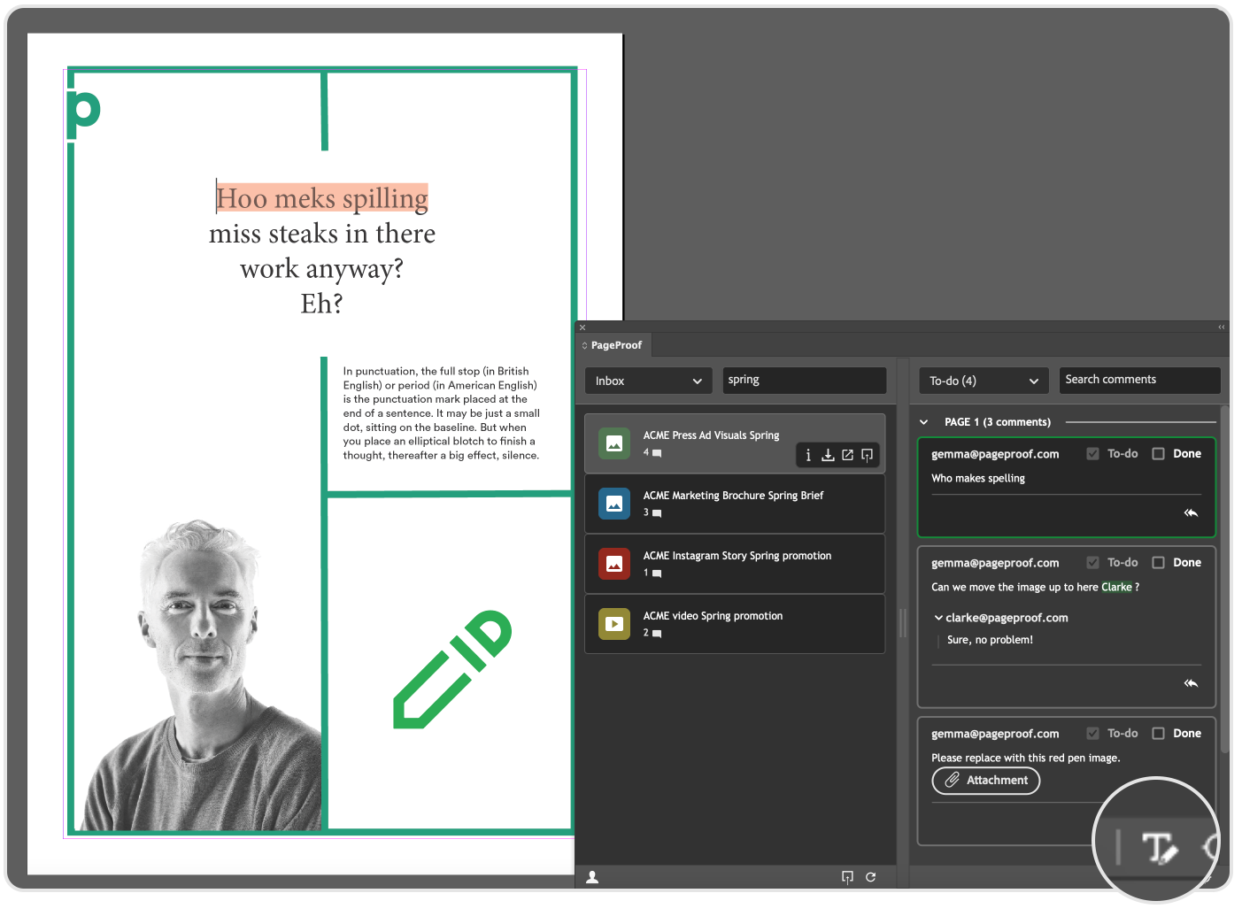 The PageProof plugin for Adobe InDesign lets designers easily select and replace text in a click.