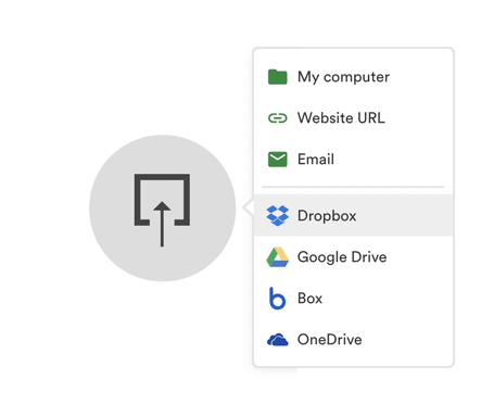 The PageProof file dropper showing possible file sources: My computer, website URL, email, Dropbox, Google Drive, Box, OneDrive.
