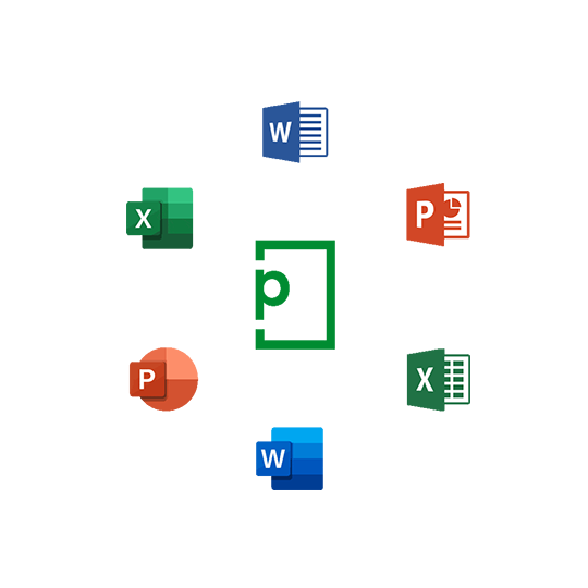 PageProof logo surrounded by the Microsoft Word, PowerPoint and Excel logos